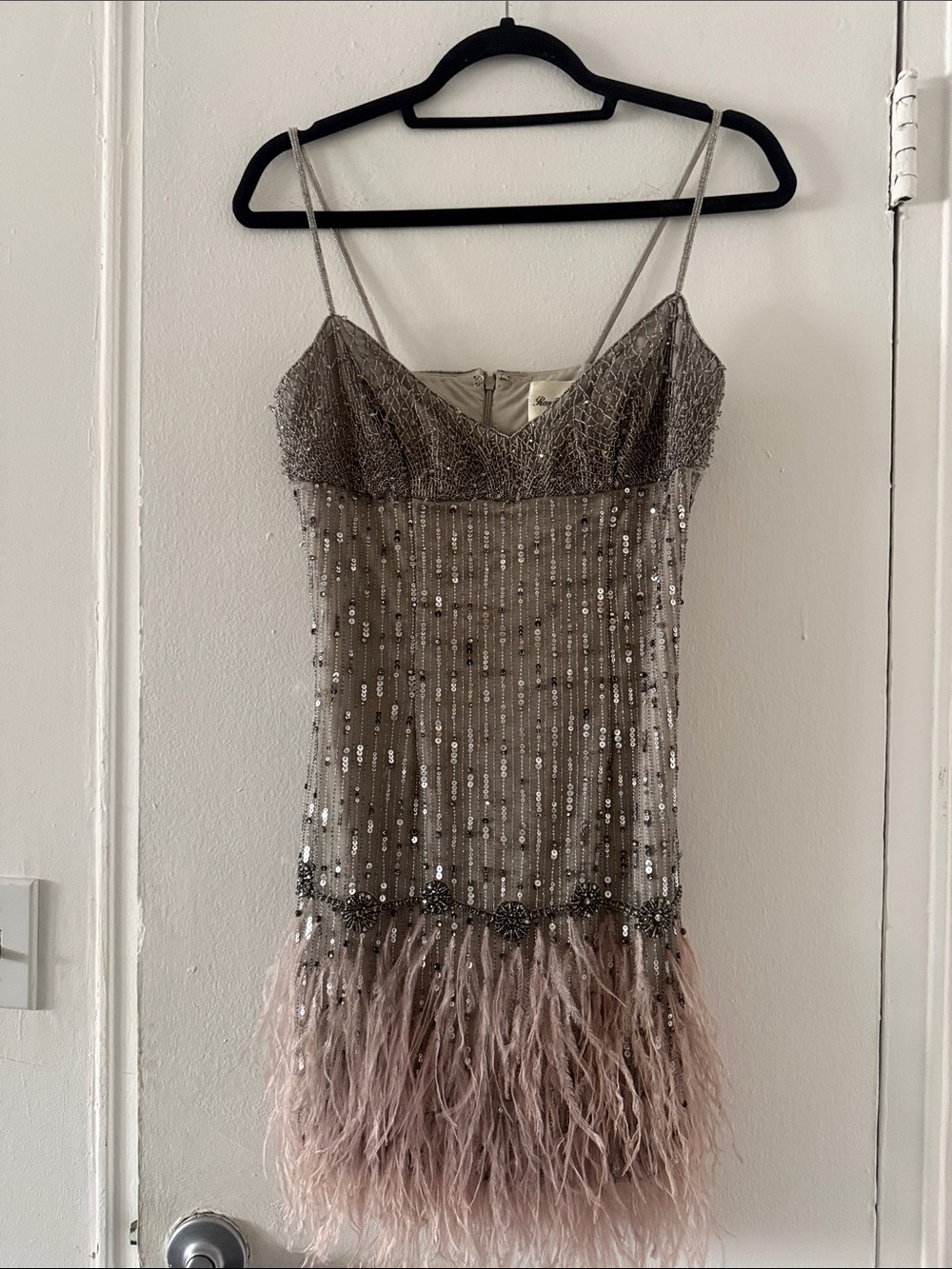 Embellished Sequin & Feather Mini Dress in Blush